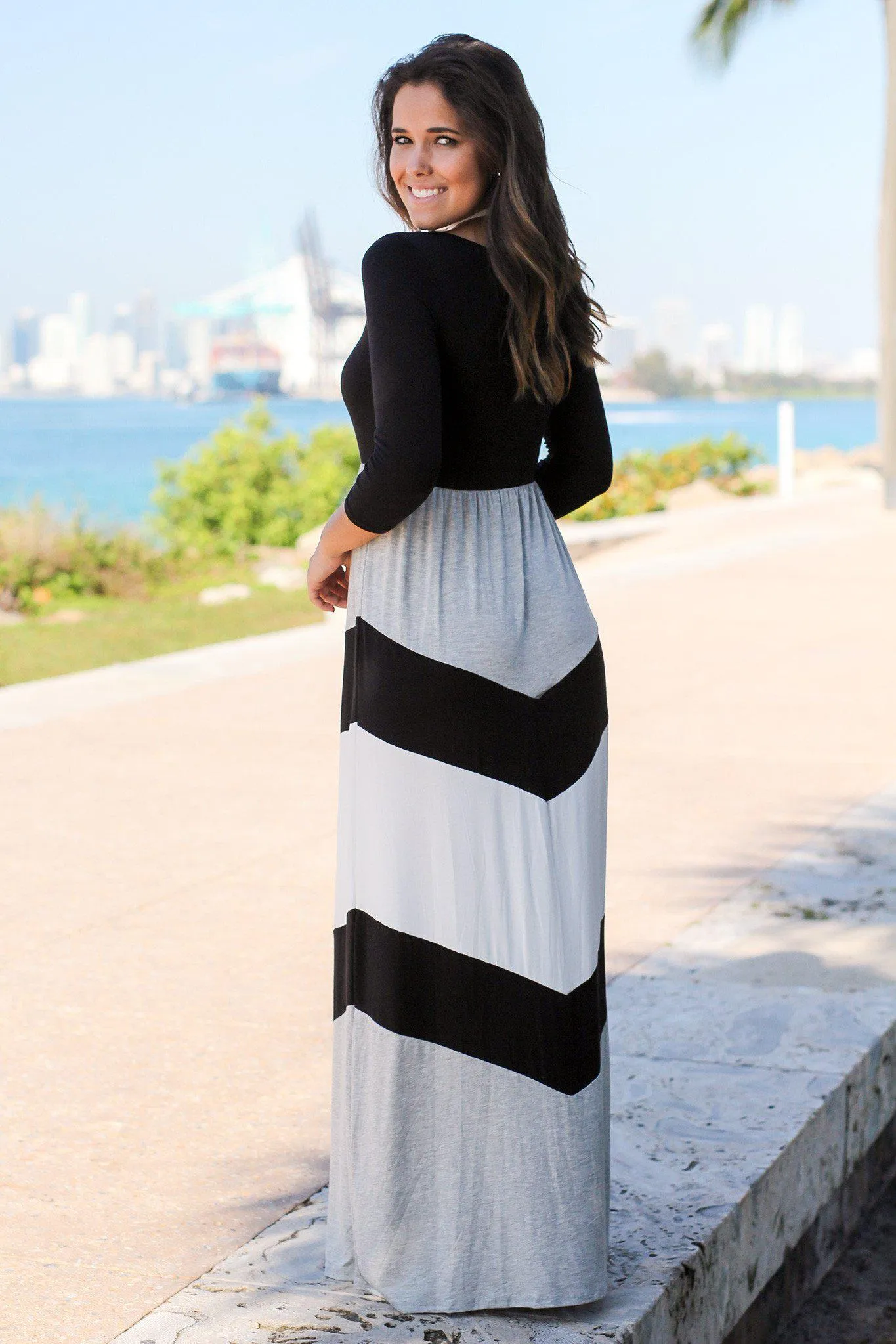 Black and Gray Chevron Maxi Dress with 3/4 Sleeves