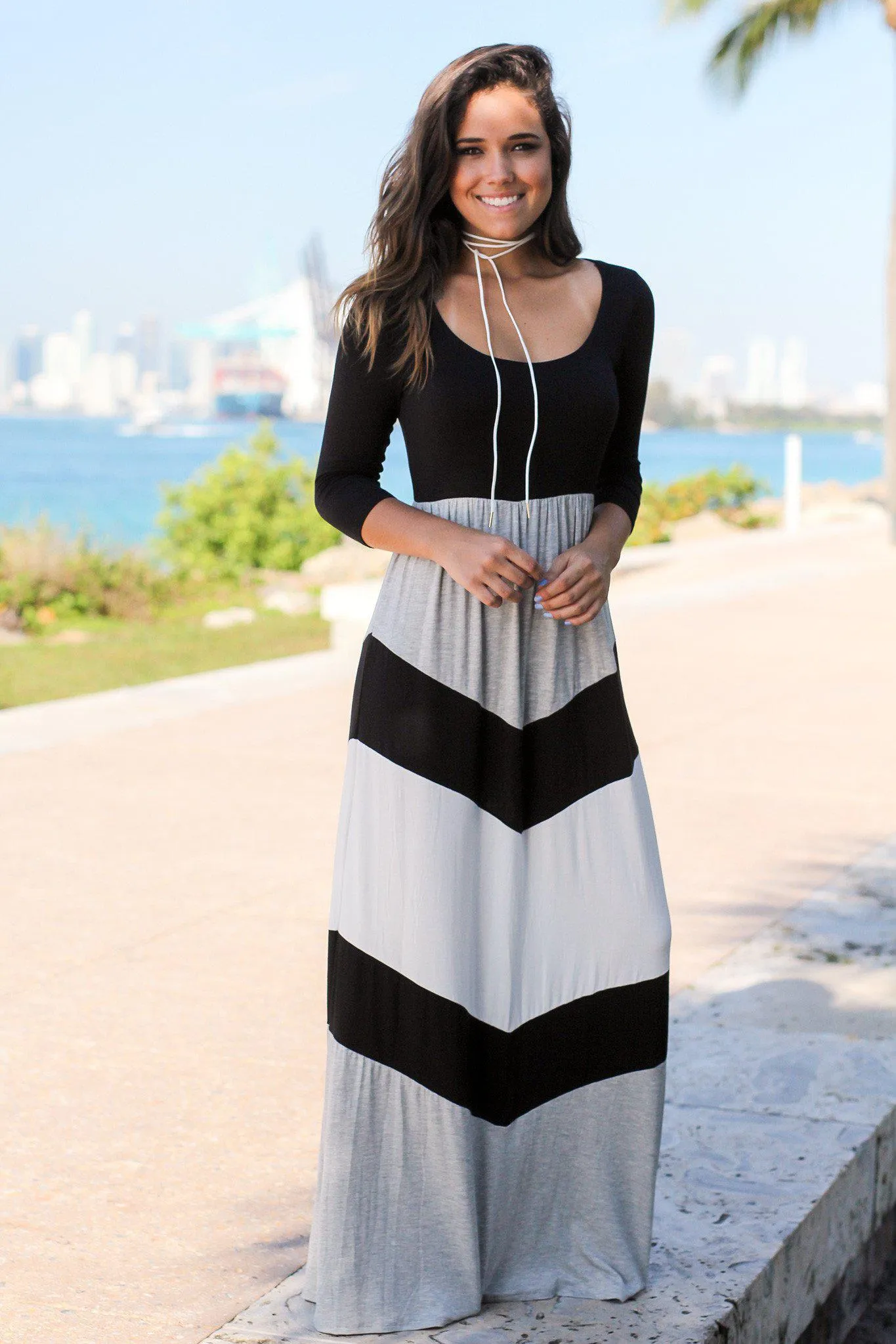 Black and Gray Chevron Maxi Dress with 3/4 Sleeves