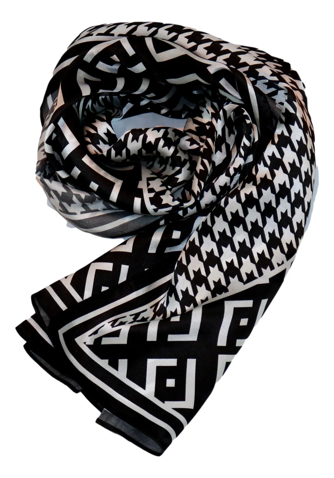 Black and White Print Long Silk Scarf