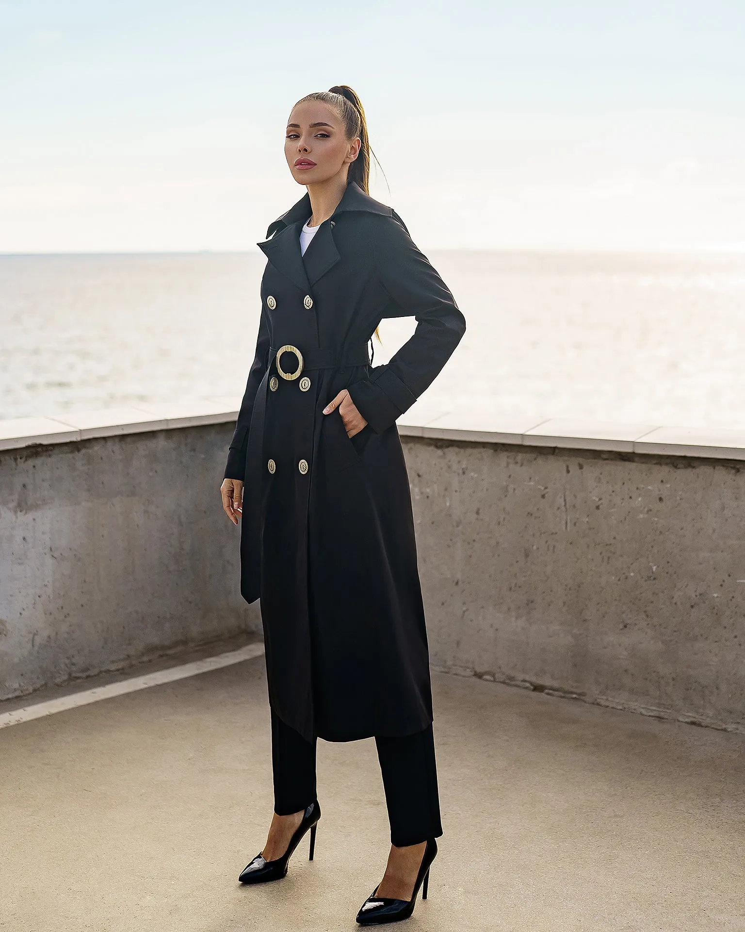 Black Double-Breasted Belted Trench Coat