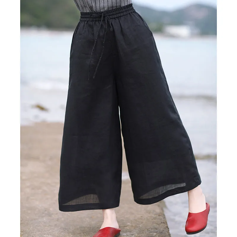 Black Linen Summer Autumn Women Casual Pants with Pockets SMM97202