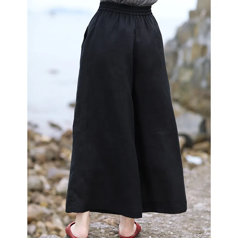 Black Linen Summer Autumn Women Casual Pants with Pockets SMM97202