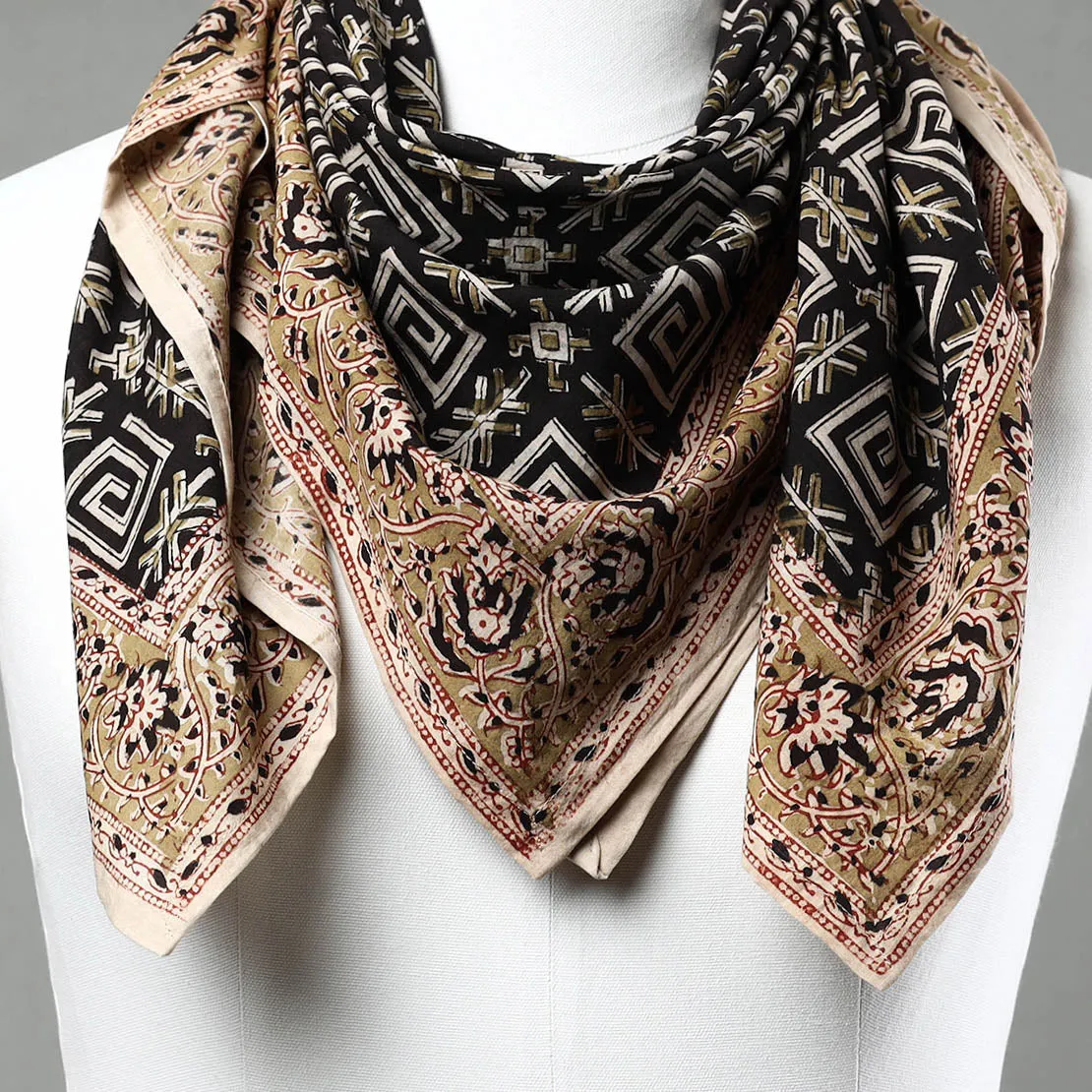 Black - Pedana Kalamkari Block Printed Natural Dyed Cotton Scarf 20