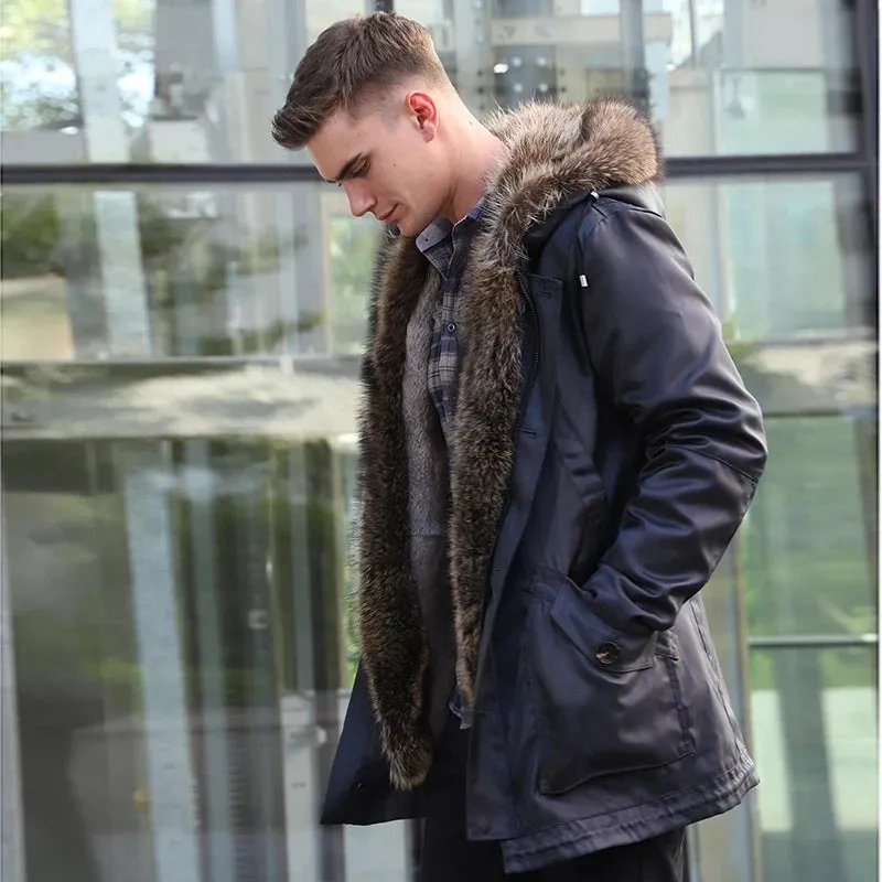 Black Sheepskin Male Parka Jacket with Racoon Fur Collar