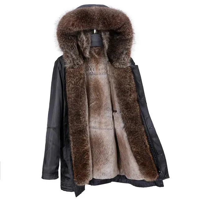 Black Sheepskin Male Parka Jacket with Racoon Fur Collar