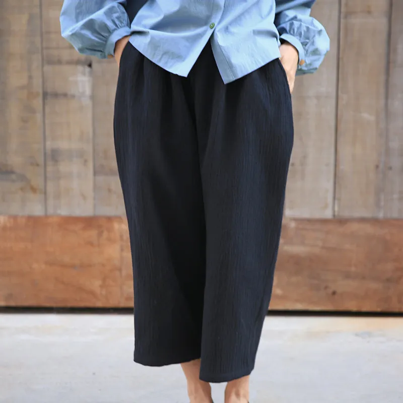 Black Women Casual Linen Wide Leg Pants Z98406