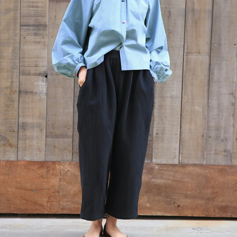 Black Women Casual Linen Wide Leg Pants Z98406