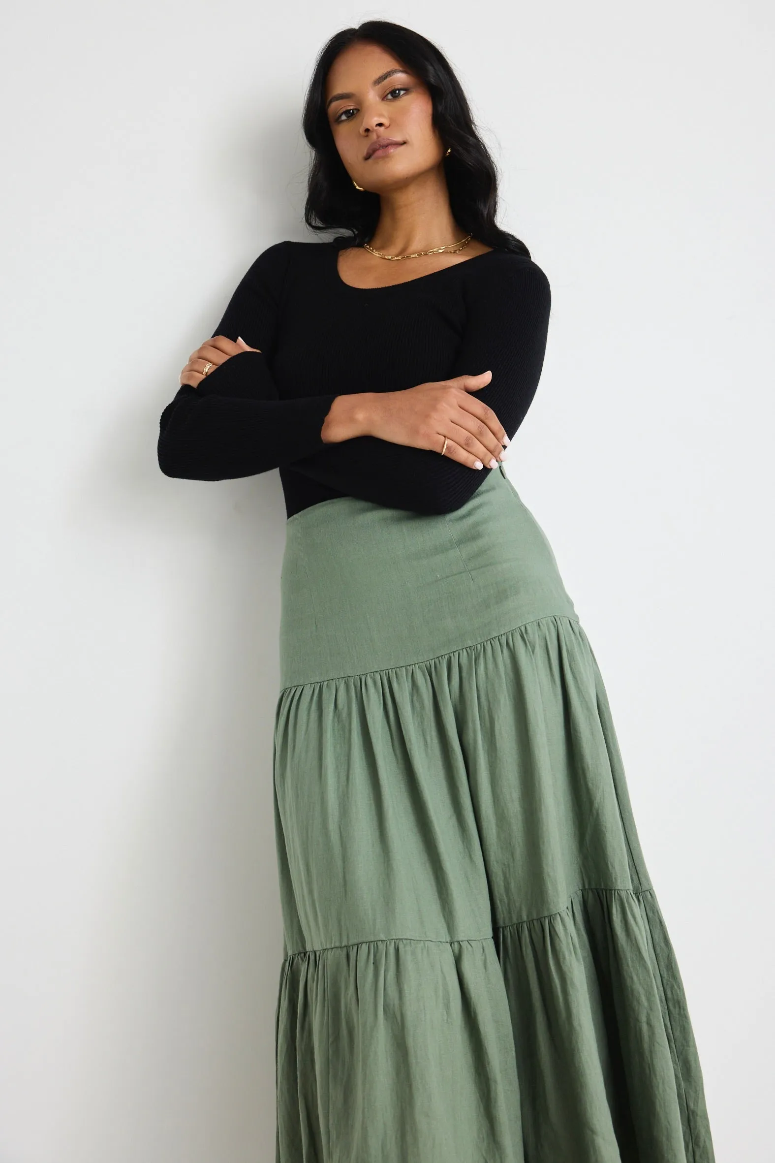 Blazing Moss Tiered Linen Midi Skirt