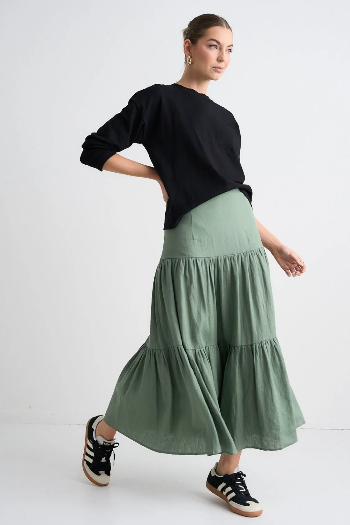 Blazing Moss Tiered Linen Midi Skirt