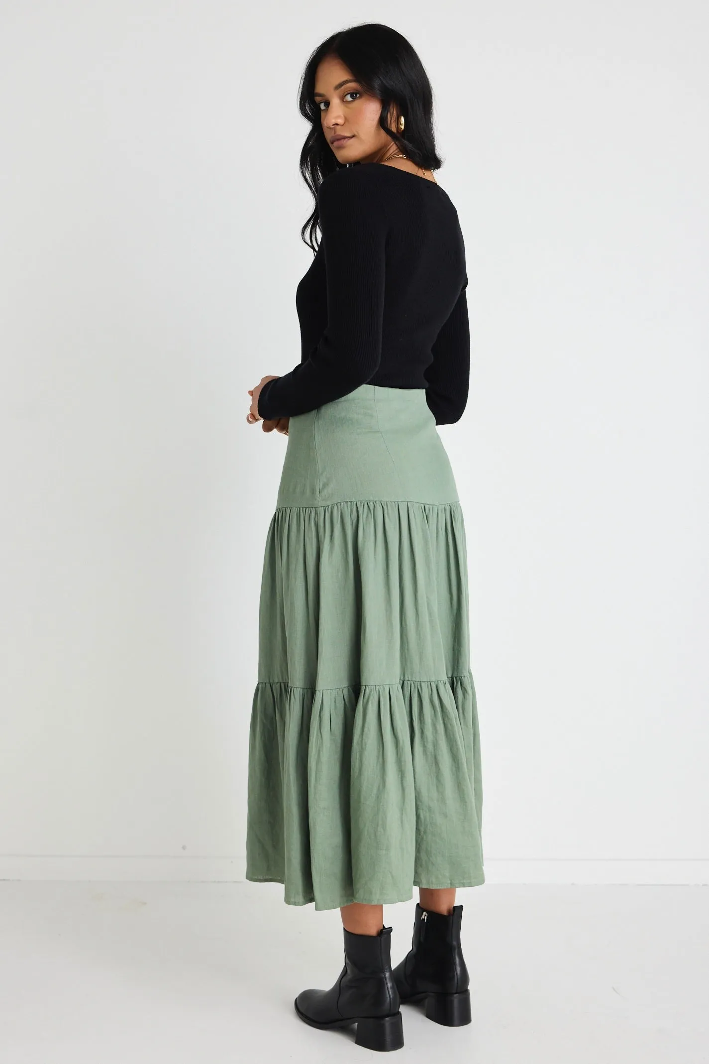 Blazing Moss Tiered Linen Midi Skirt