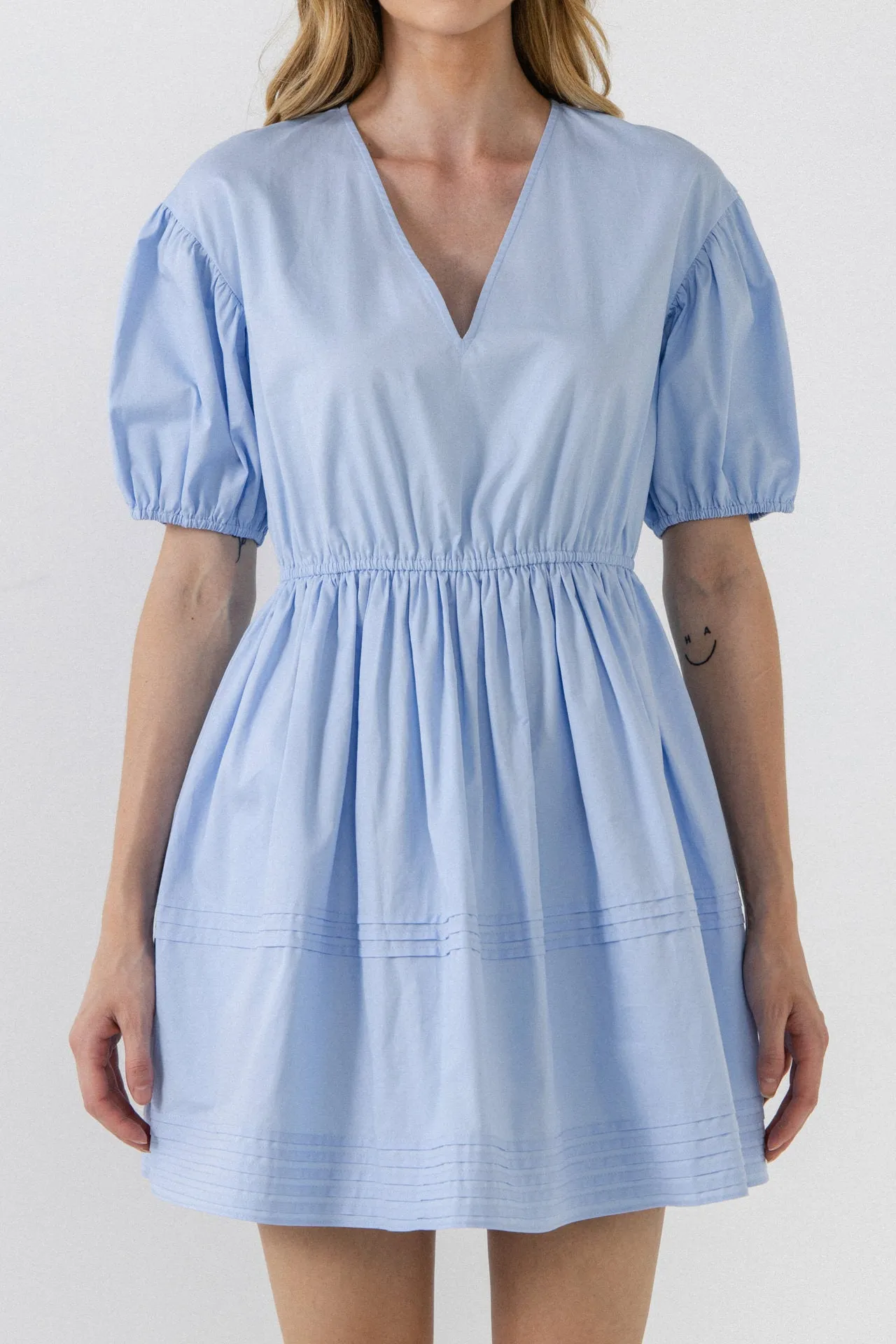 Blouson Pleated Puff Sleeve Dress