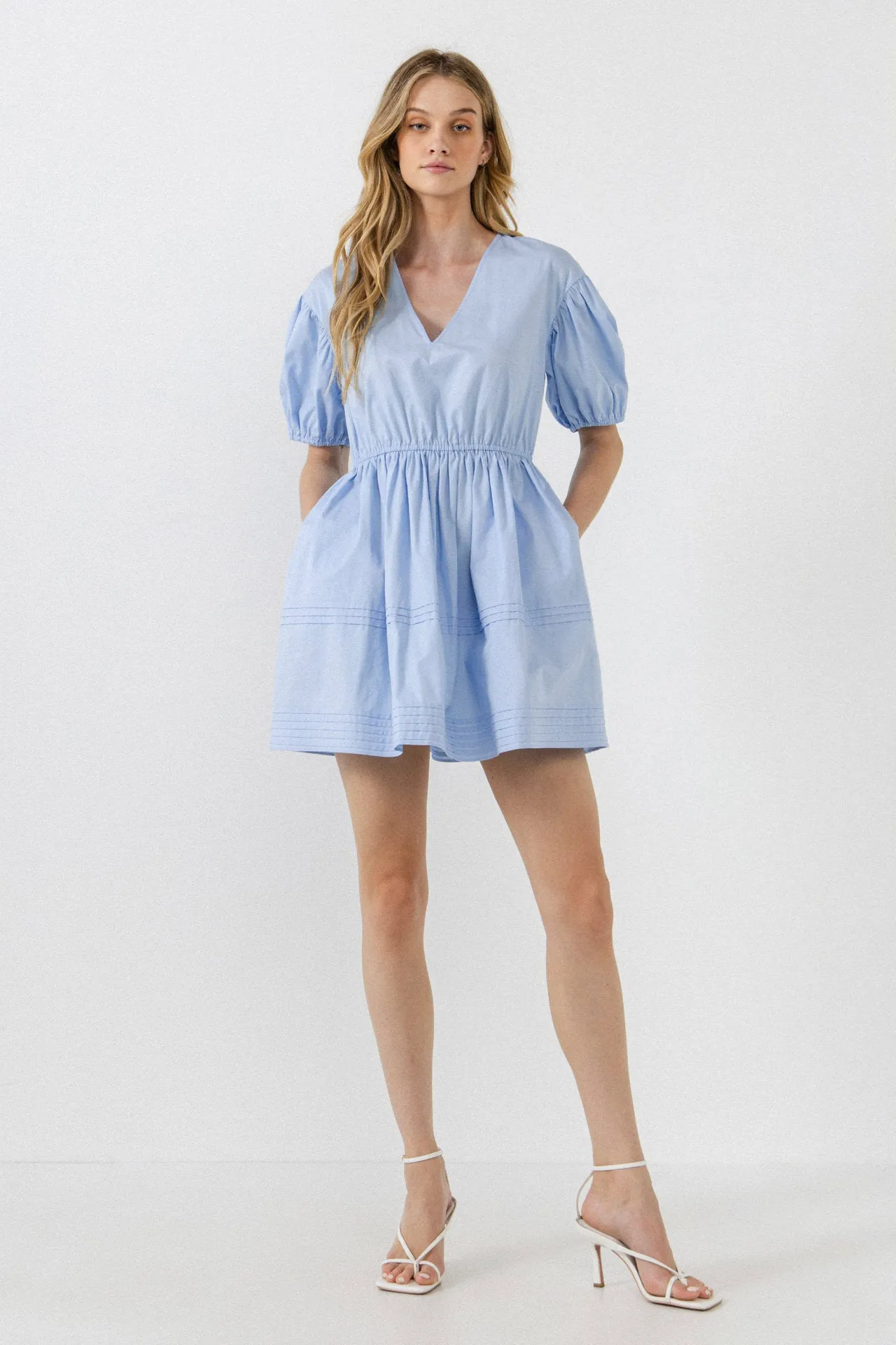 Blouson Pleated Puff Sleeve Dress