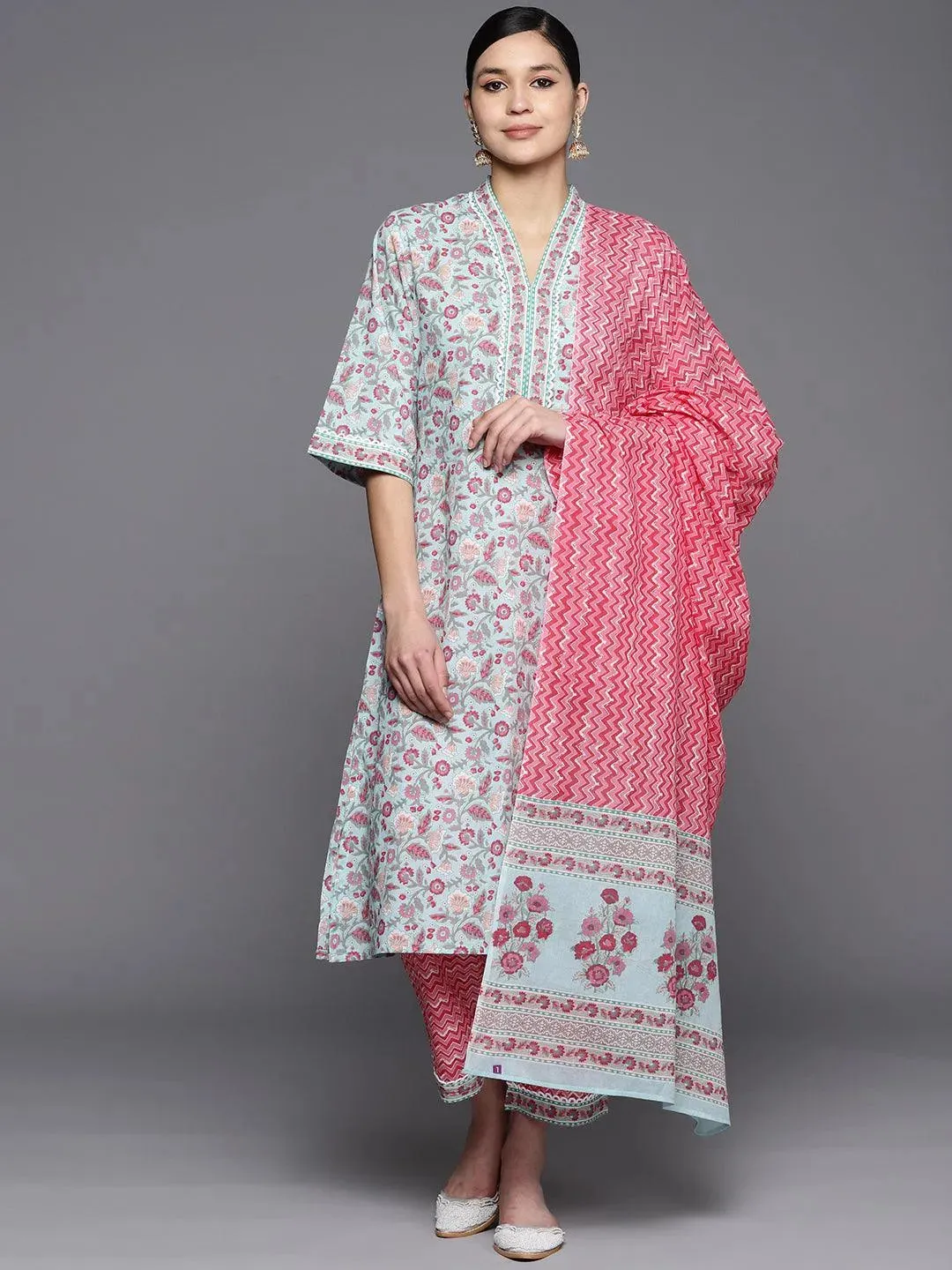 Blue Printed Cotton A-Line Kurta With Trousers & Dupatta