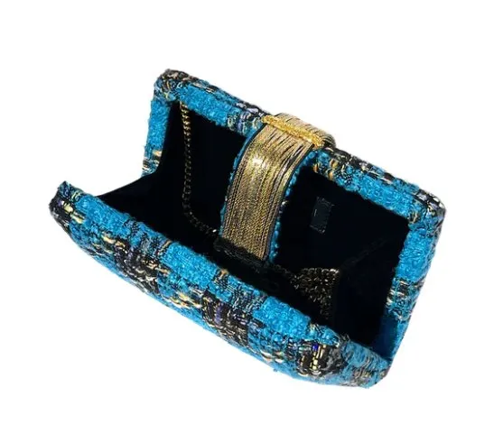 Blue Tweed Fringe Clutch