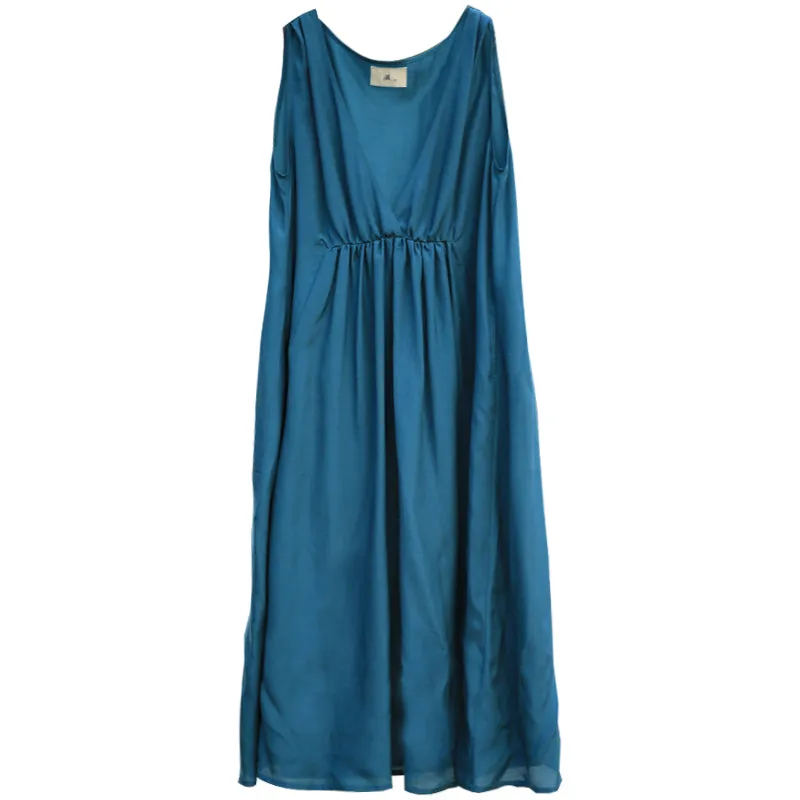 Blue V Neck Women Dress Summer Maxi Dress Beam Waist Sleeveless Silk Dresses Z972920