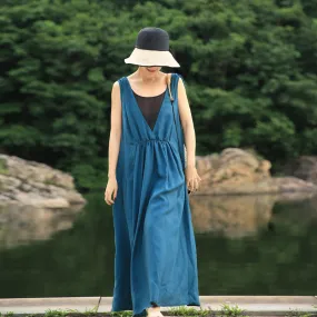 Blue V Neck Women Dress Summer Maxi Dress Beam Waist Sleeveless Silk Dresses Z972920