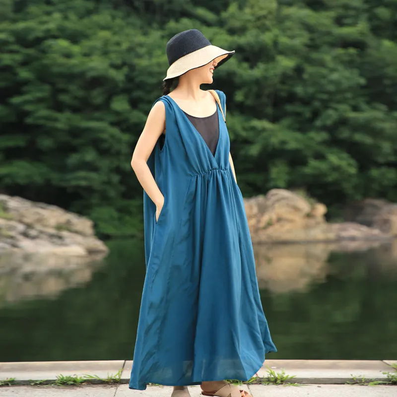 Blue V Neck Women Dress Summer Maxi Dress Beam Waist Sleeveless Silk Dresses Z972920