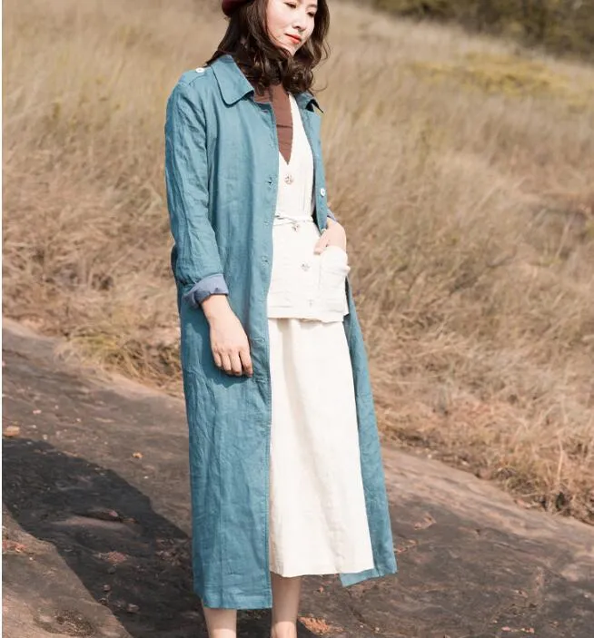 Blue Waist Belt Linen Long Sleeve Autumn Women Shirt Linen Dresses S90921