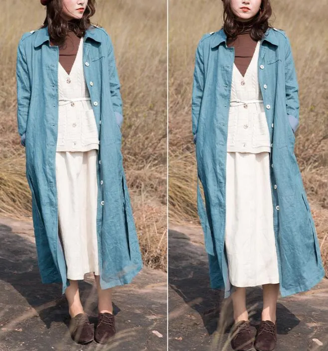 Blue Waist Belt Linen Long Sleeve Autumn Women Shirt Linen Dresses S90921