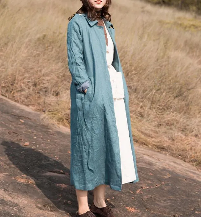 Blue Waist Belt Linen Long Sleeve Autumn Women Shirt Linen Dresses S90921