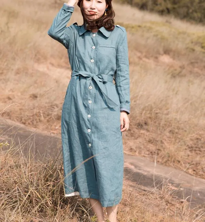 Blue Waist Belt Linen Long Sleeve Autumn Women Shirt Linen Dresses S90921