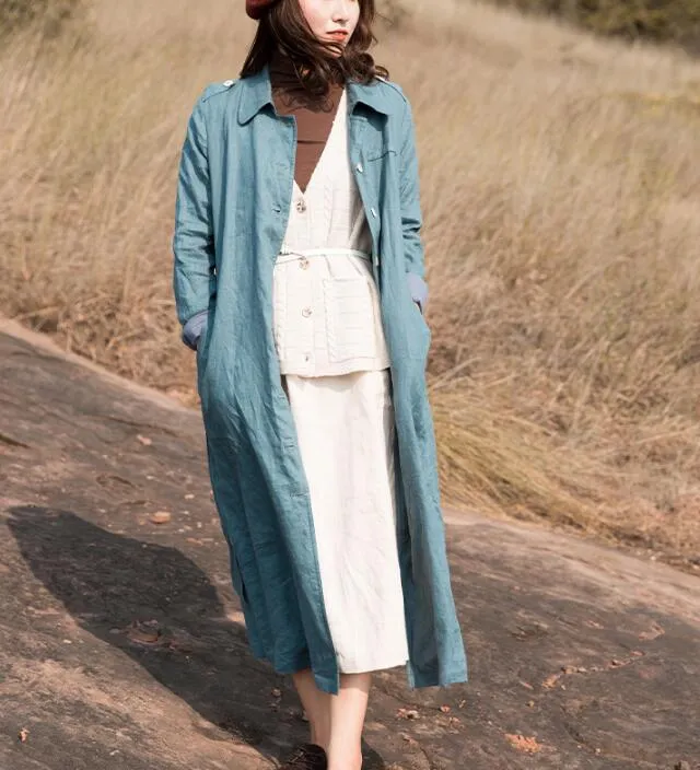 Blue Waist Belt Linen Long Sleeve Autumn Women Shirt Linen Dresses S90921