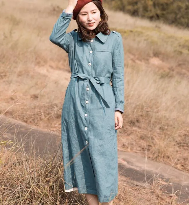 Blue Waist Belt Linen Long Sleeve Autumn Women Shirt Linen Dresses S90921