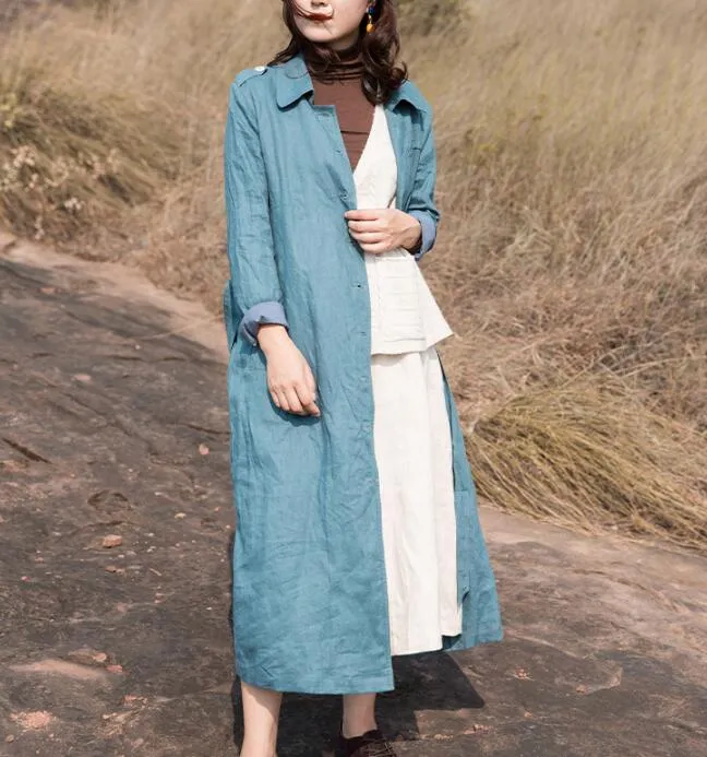 Blue Waist Belt Linen Long Sleeve Autumn Women Shirt Linen Dresses S90921