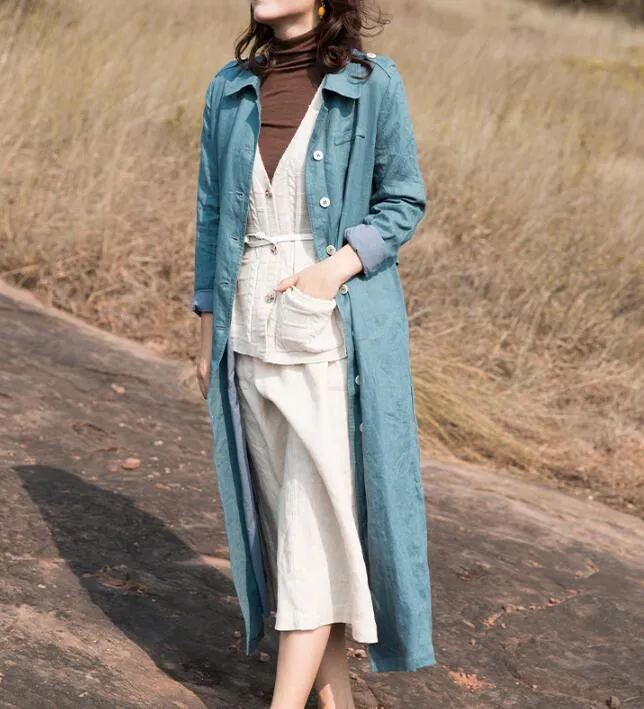 Blue Waist Belt Linen Long Sleeve Autumn Women Shirt Linen Dresses S90921