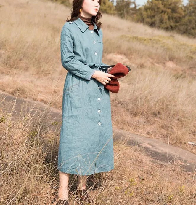 Blue Waist Belt Linen Long Sleeve Autumn Women Shirt Linen Dresses S90921