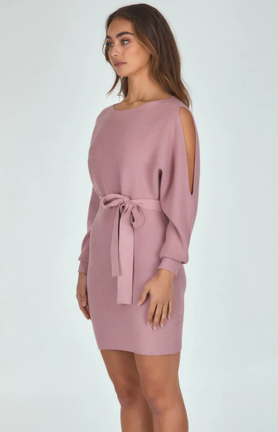 Boat Neckline Knit Dress With Cut Out Sleeve Detail