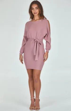 Boat Neckline Knit Dress With Cut Out Sleeve Detail