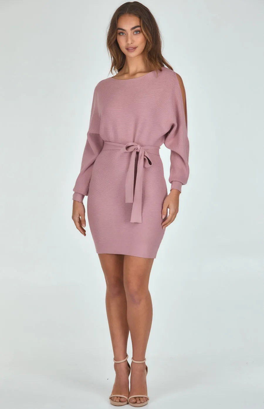 Boat Neckline Knit Dress With Cut Out Sleeve Detail