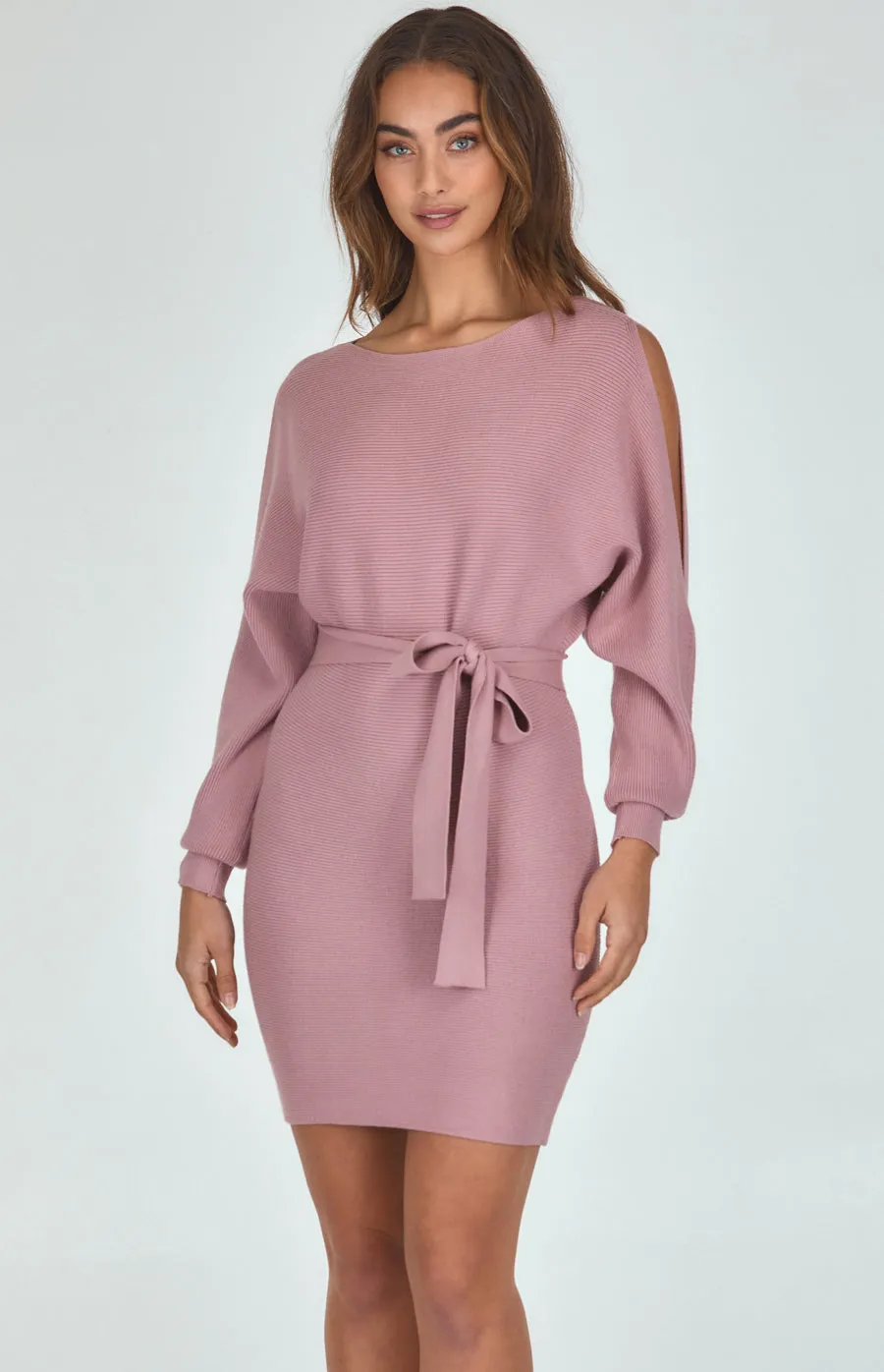 Boat Neckline Knit Dress With Cut Out Sleeve Detail