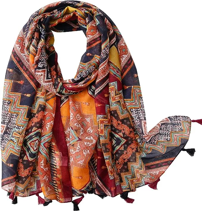 Bohemian Tribal Print Orange Multicolor Wrap Shawl Headwrap