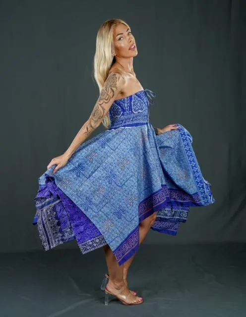 Boho Festival Silk Blue Strapless Dress Convertible to Skirt