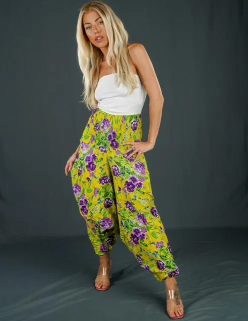 Boho Festival Yellow & Purple Floral Harem Pants