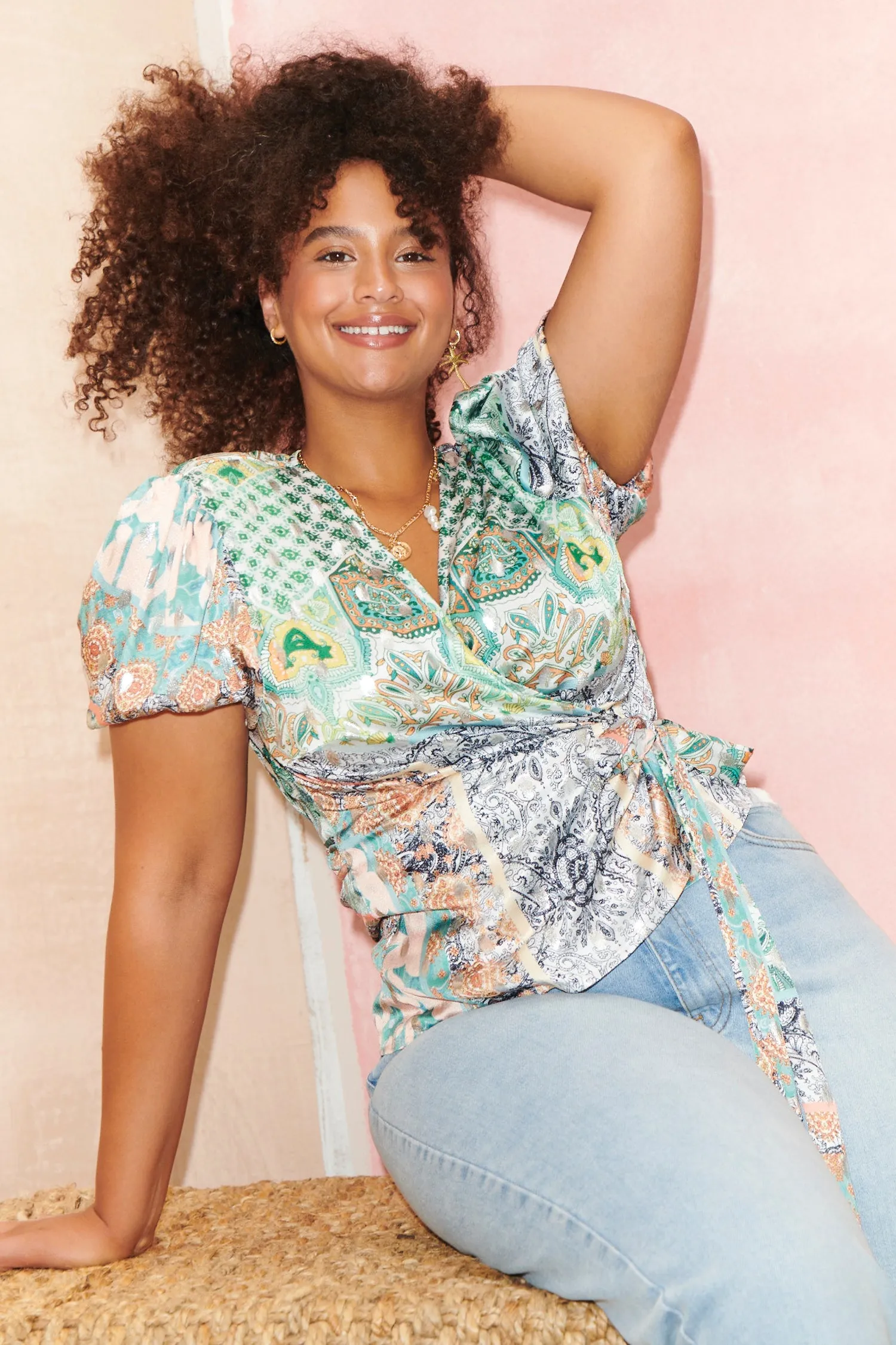 Boho Print Short Sleeve Wrap Top - Curve