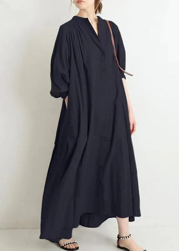 Brief Apricot Stand Collar Low High Design Maxi Shirt Dress Puff Sleeve VB1090