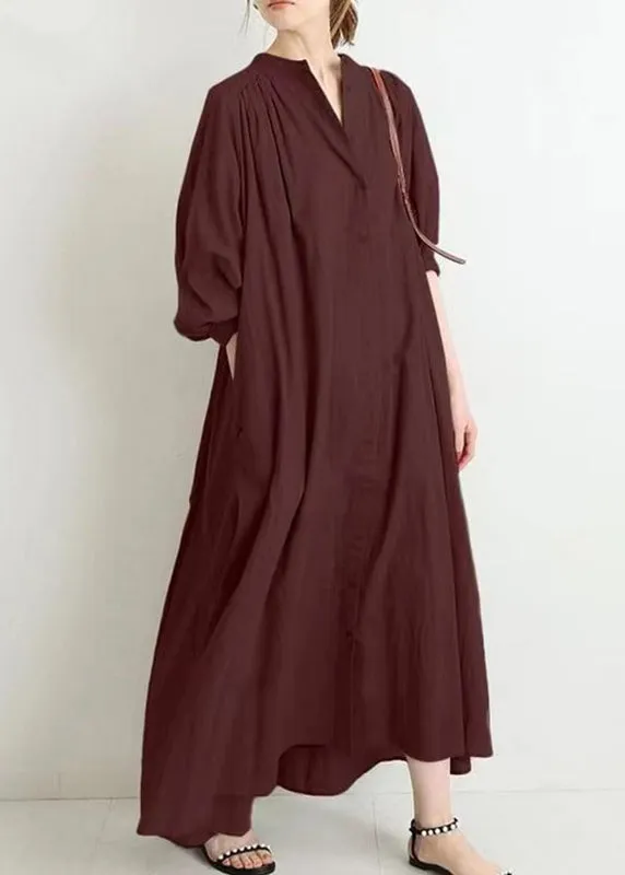 Brief Apricot Stand Collar Low High Design Maxi Shirt Dress Puff Sleeve VB1090