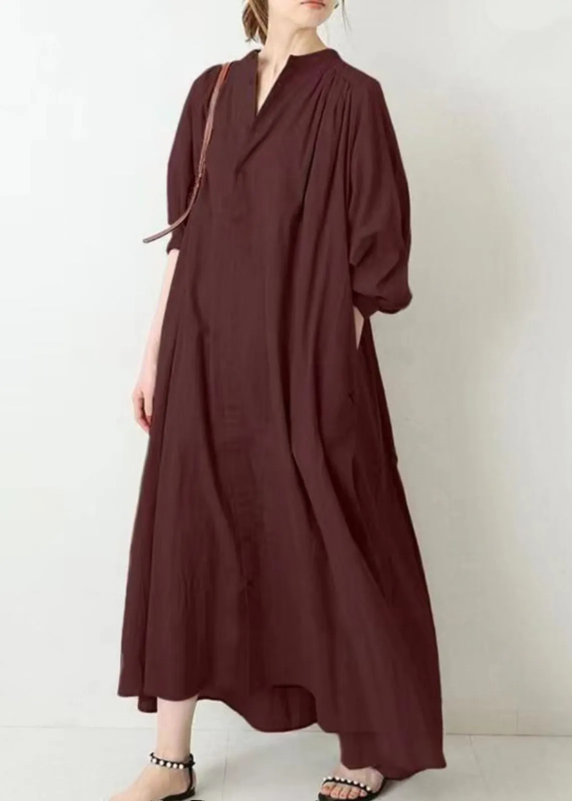 Brief Apricot Stand Collar Low High Design Maxi Shirt Dress Puff Sleeve VB1090