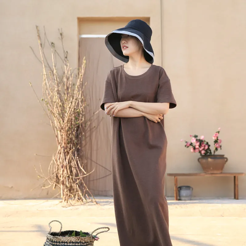 Brown Dress Linen Flax Shift Dress Casual Summer Long Women Dresses Z97292