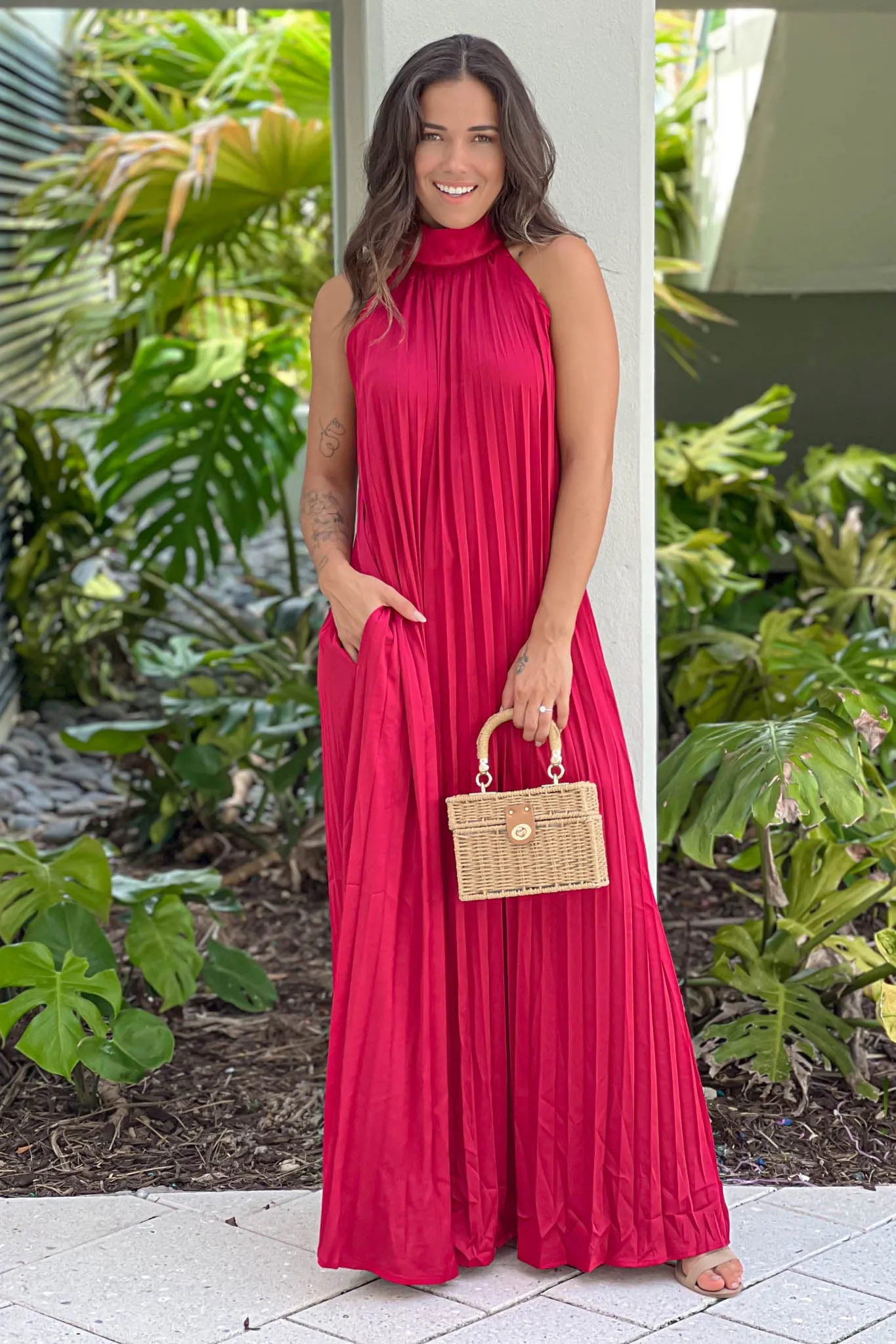 Burgundy Pleated Halter Neck Maxi Dress