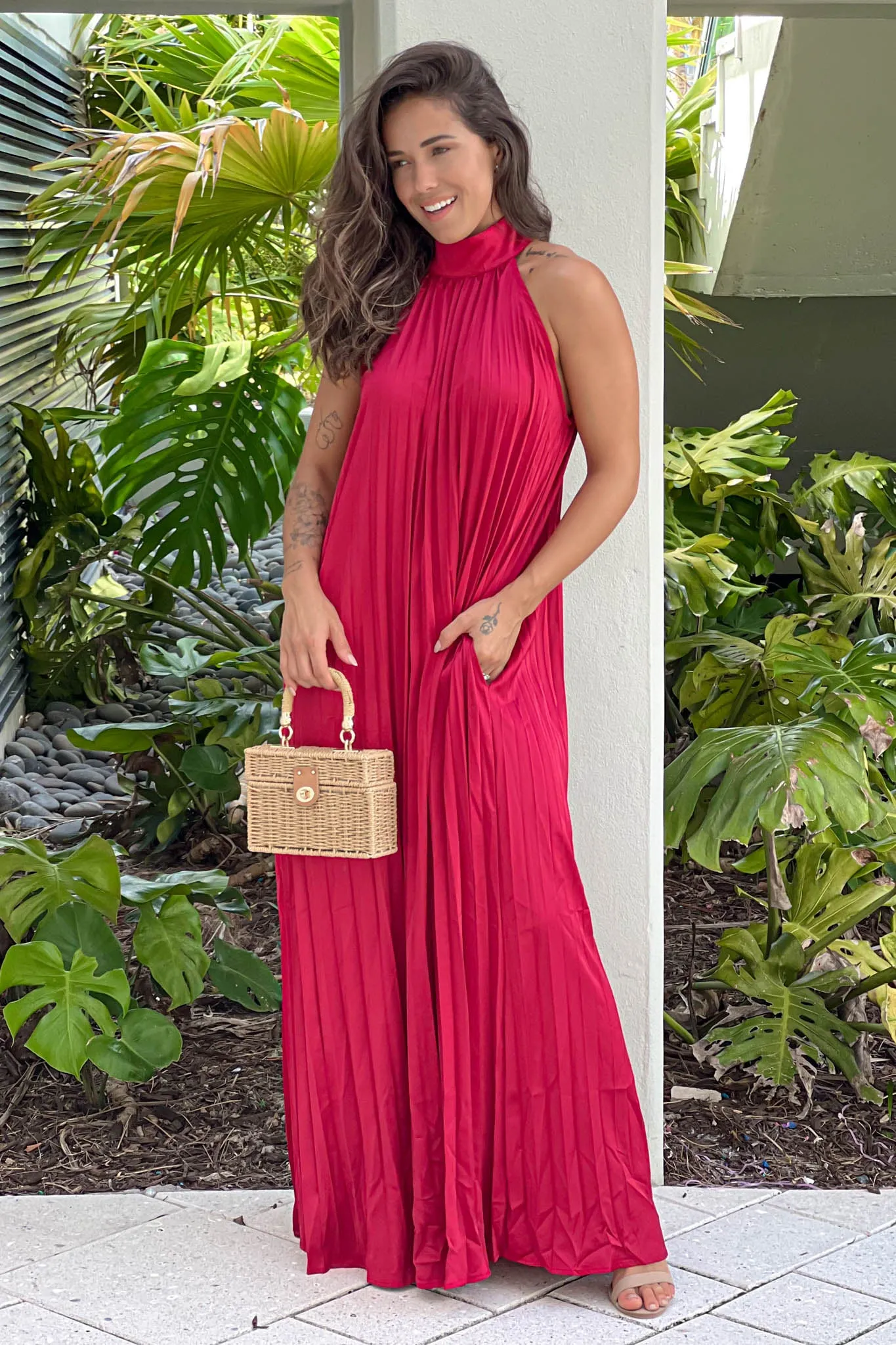 Burgundy Pleated Halter Neck Maxi Dress