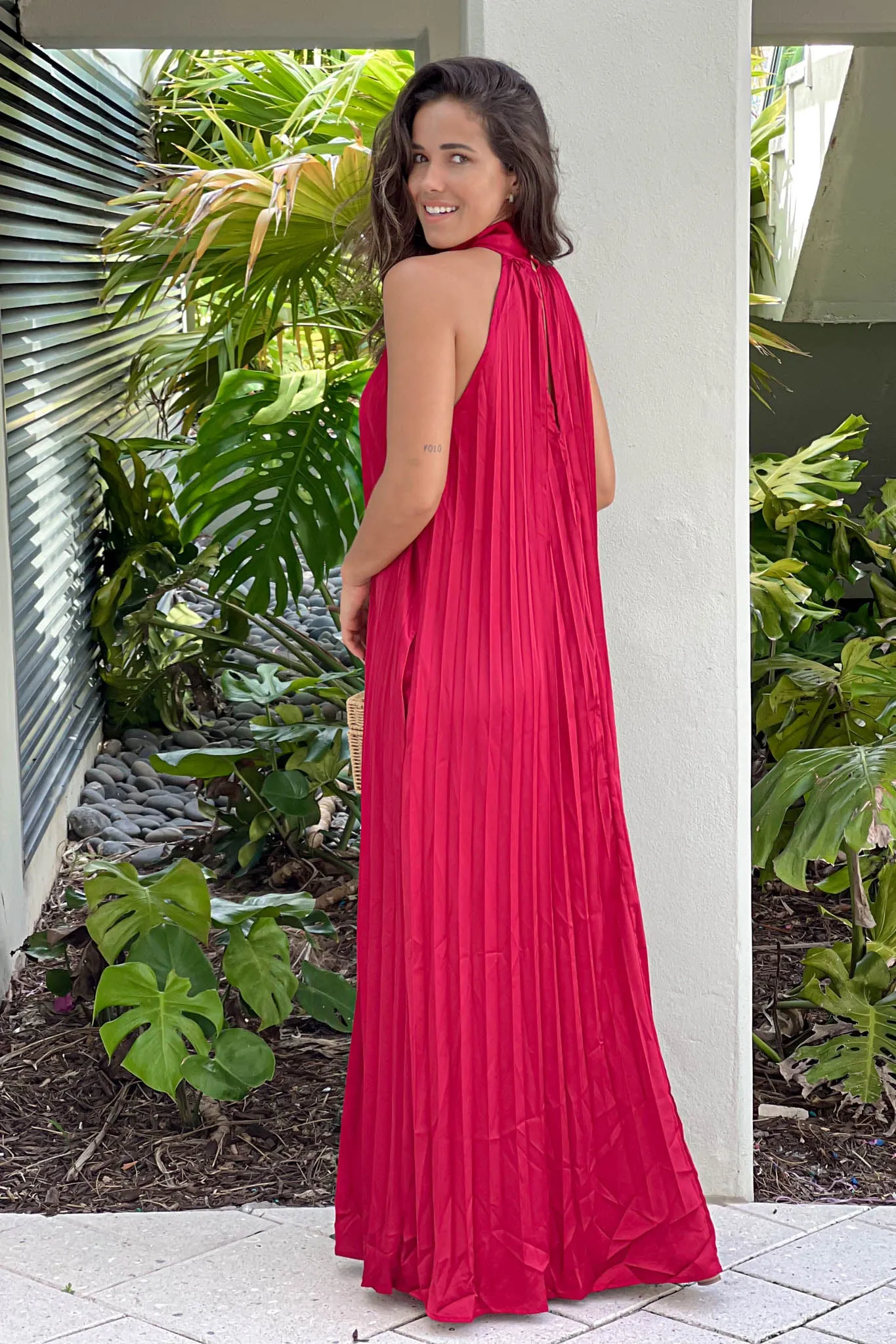 Burgundy Pleated Halter Neck Maxi Dress