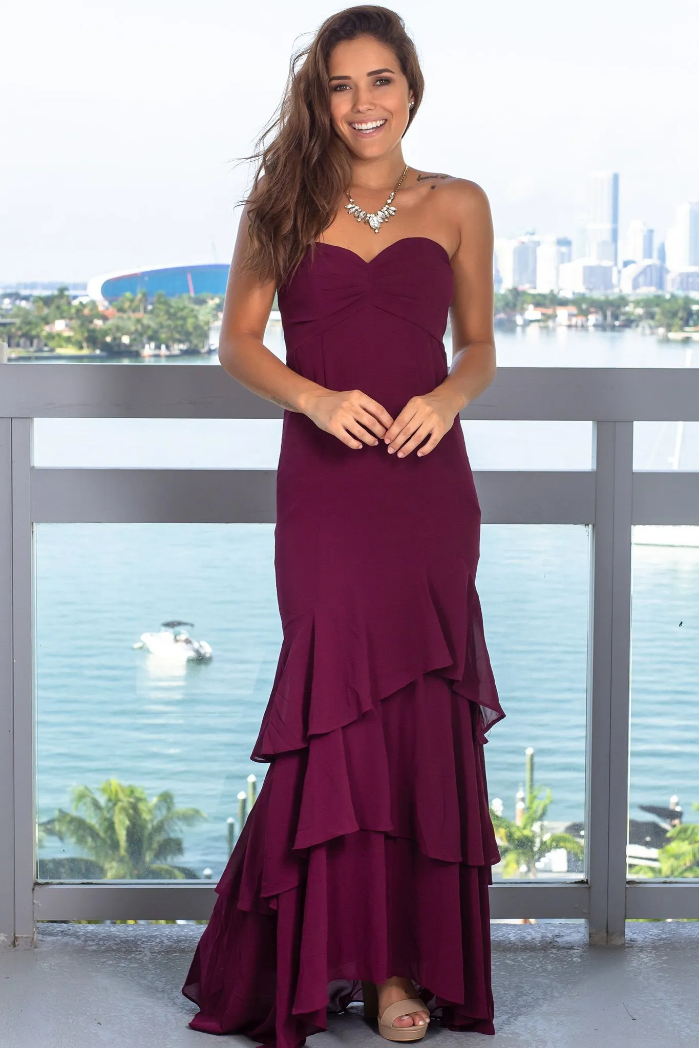 Burgundy Strapless Maxi Dress with Ruffled Hem