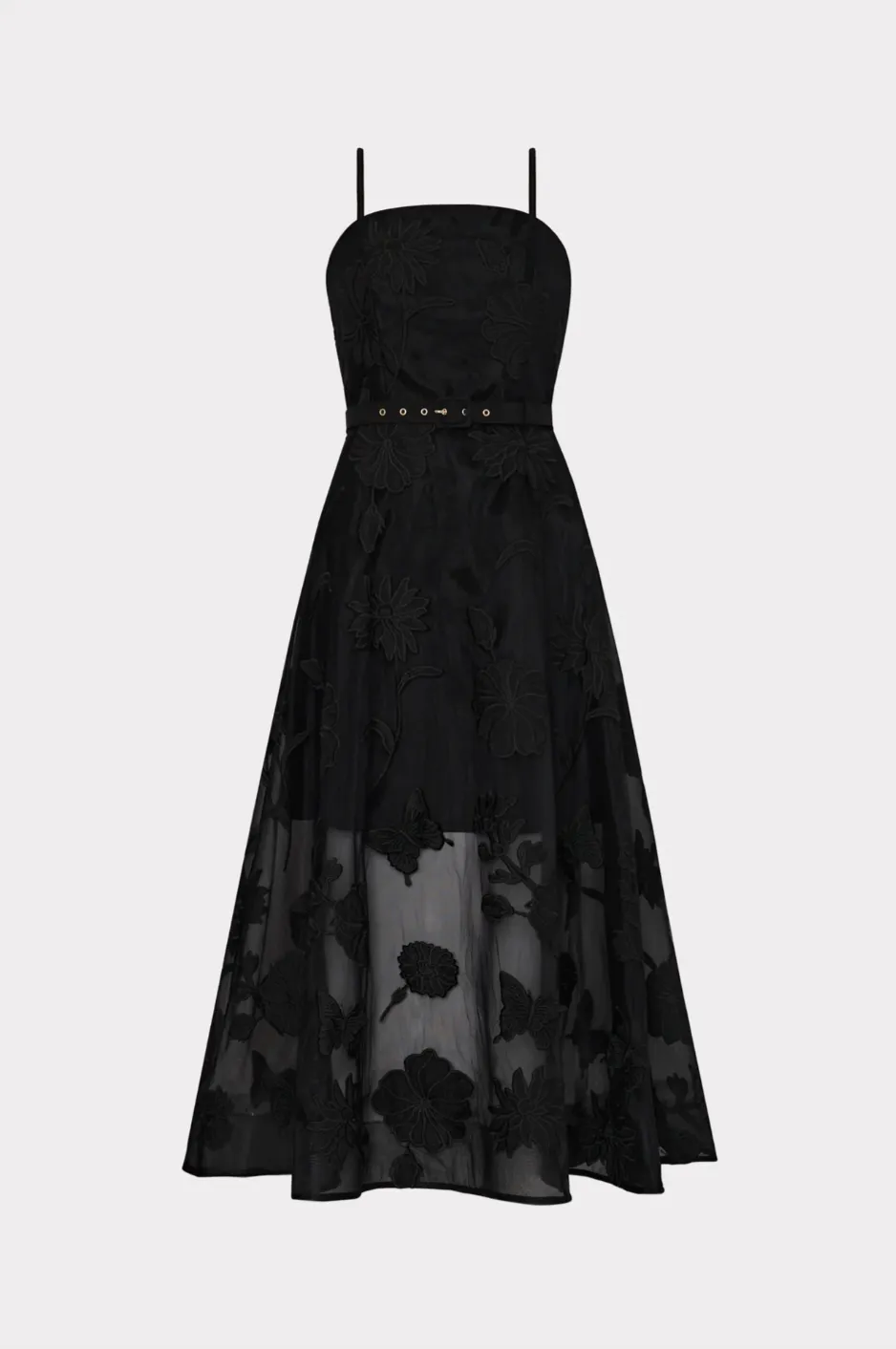 Butterfly Embroidery Spaghetti Strap Dress - Black