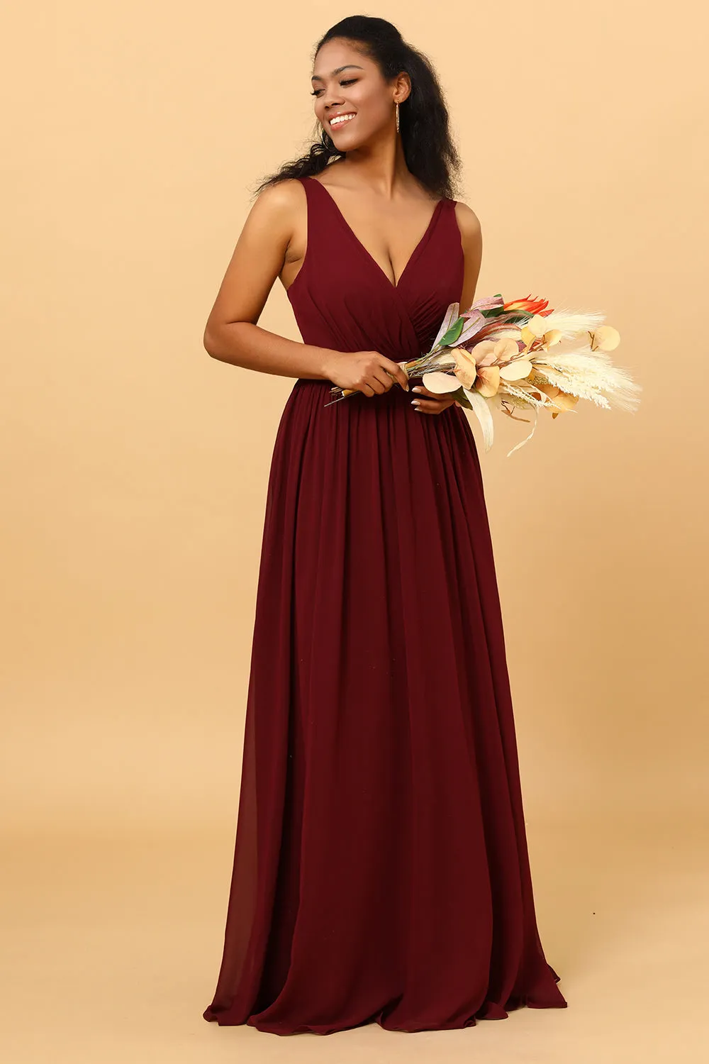 Cabernet A Line V Neck Pleated Floor Length Long Chiffon Bridesmaid Dress