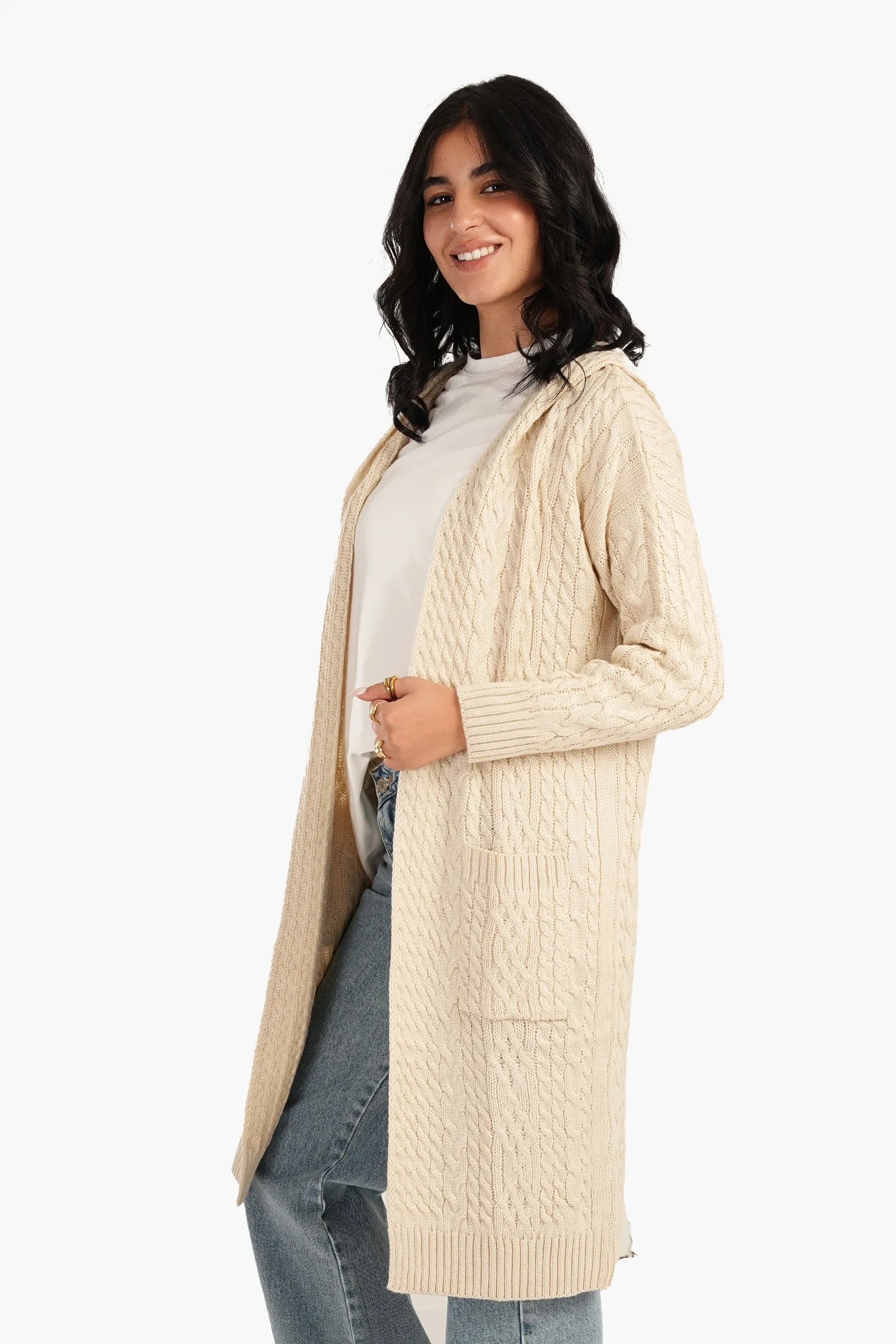 Cable Knitted Hooded Cardigan