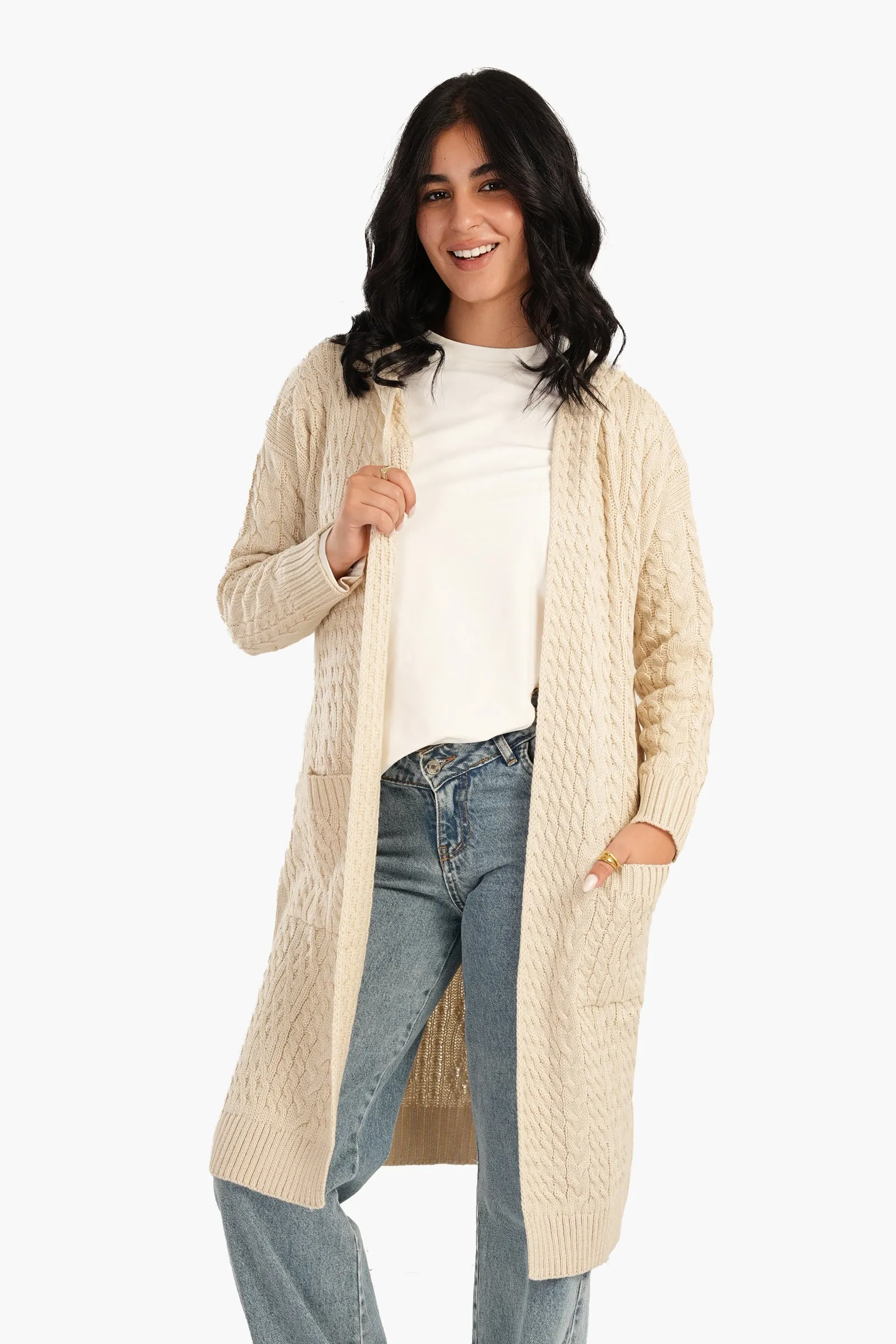 Cable Knitted Hooded Cardigan